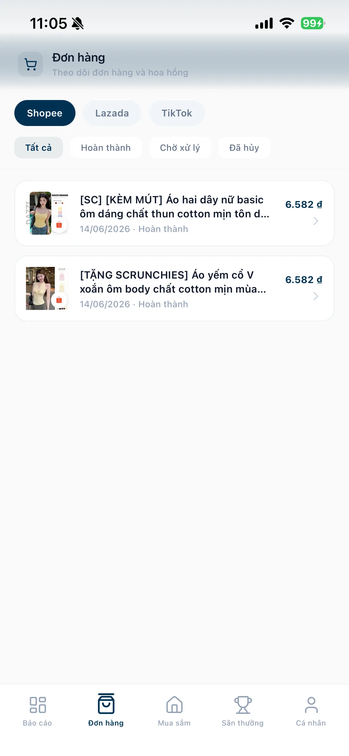 App Go Affiliate — theo dõi đơn hàng và hoa hồng Shopee